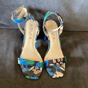 Unisa Floral Ankle-Strap Block Heels in Blue, Green and Black (light pink flower